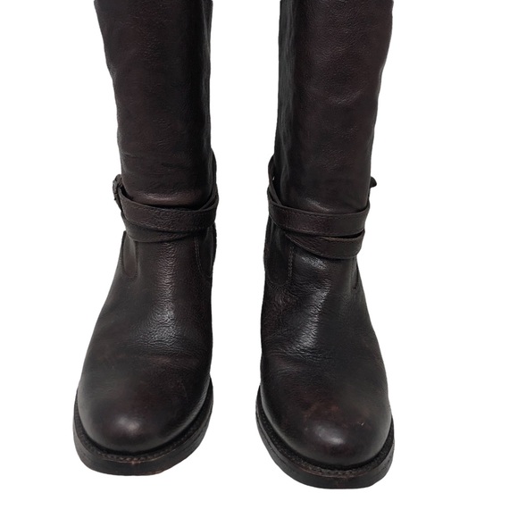 Frye Jane Chocolate Brown Tall Strappy Pull-On Chunky Heel Boots - Picture 4 of 11